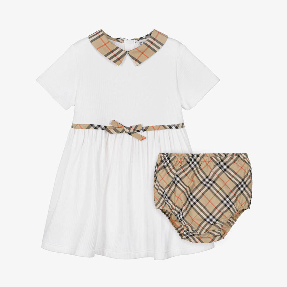 Burberry-Baby Girls White Ribbed Dress with Burberry Check | Childrensalon