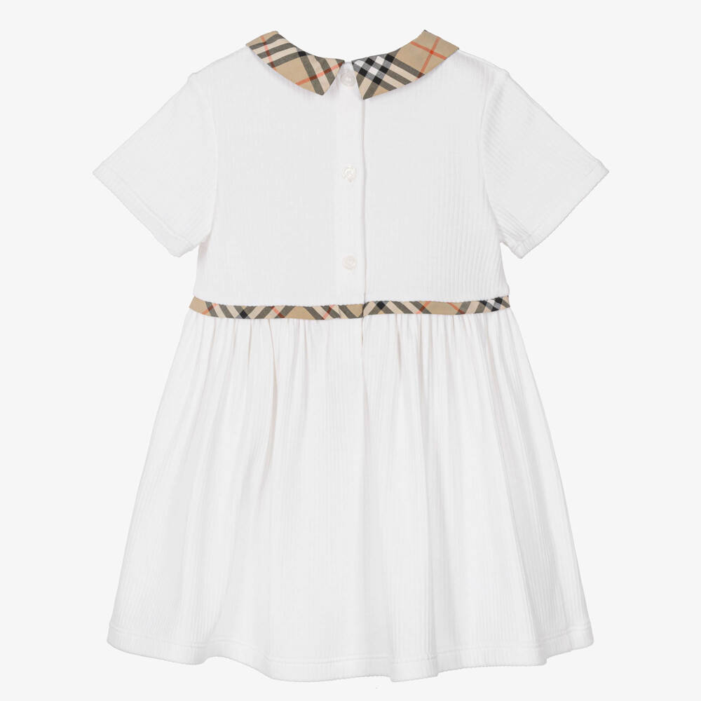 Burberry-Baby Girls White Ribbed Dress with Burberry Check | Childrensalon