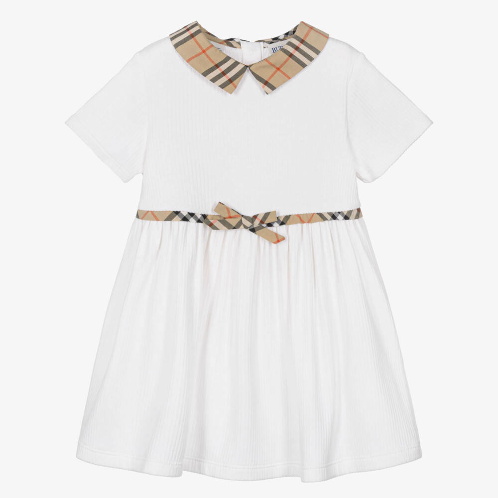 Burberry-Baby Girls White Ribbed Dress with Burberry Check | Childrensalon