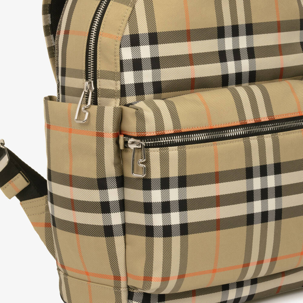 Burberry-Beige All-Over Check Backpack (37cm) | Childrensalon