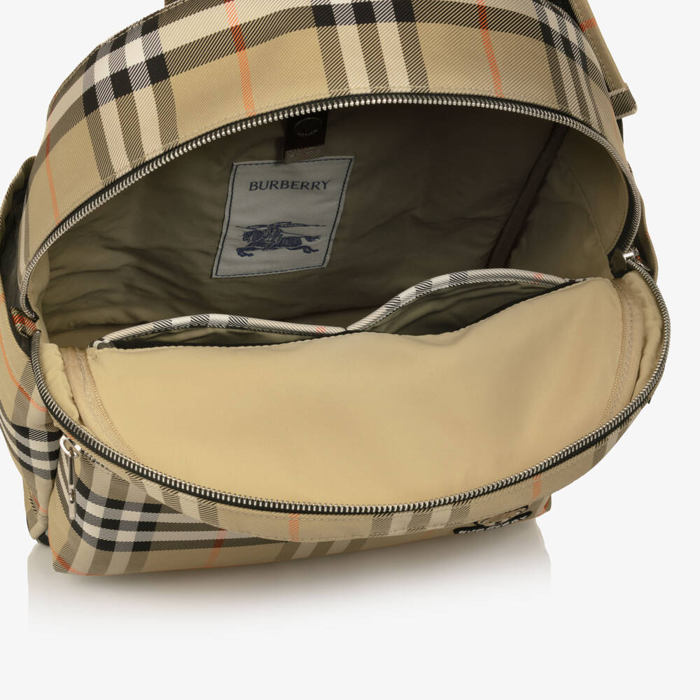 Burberry-Beige All-Over Check Backpack (37cm) | Childrensalon