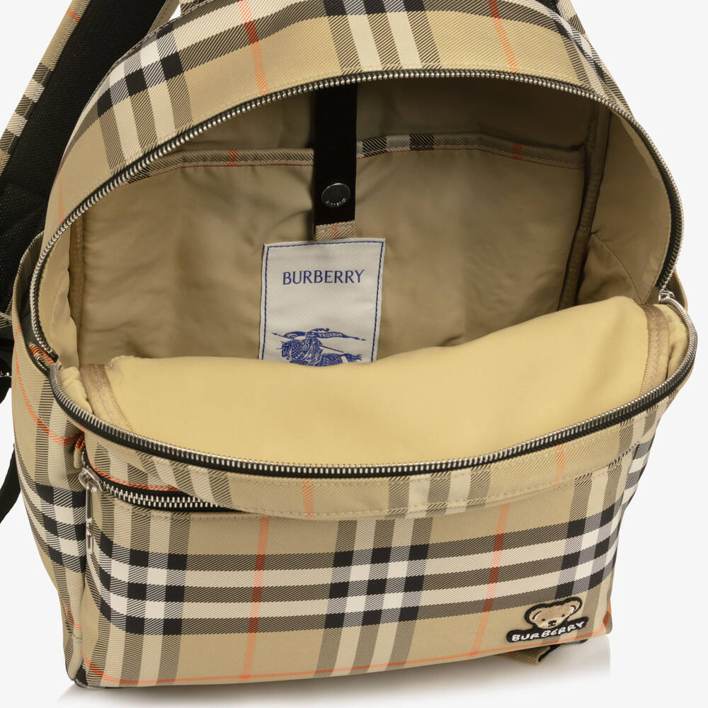 Burberry-Beige All-Over Check Backpack (37cm) | Childrensalon