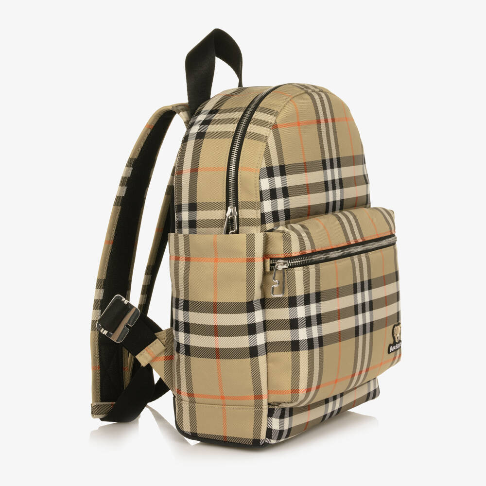 Burberry-Beige All-Over Check Backpack (37cm) | Childrensalon
