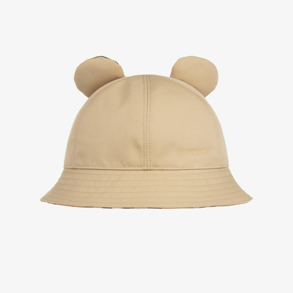 Burberry-Beige Bear Cotton Twill Bucket Hat | Childrensalon