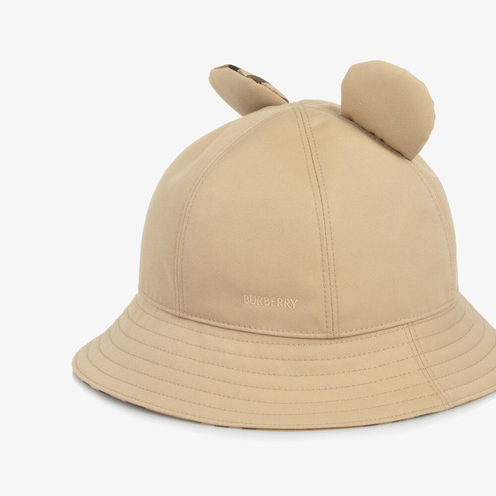 Burberry-Beige Bear Cotton Twill Bucket Hat | Childrensalon