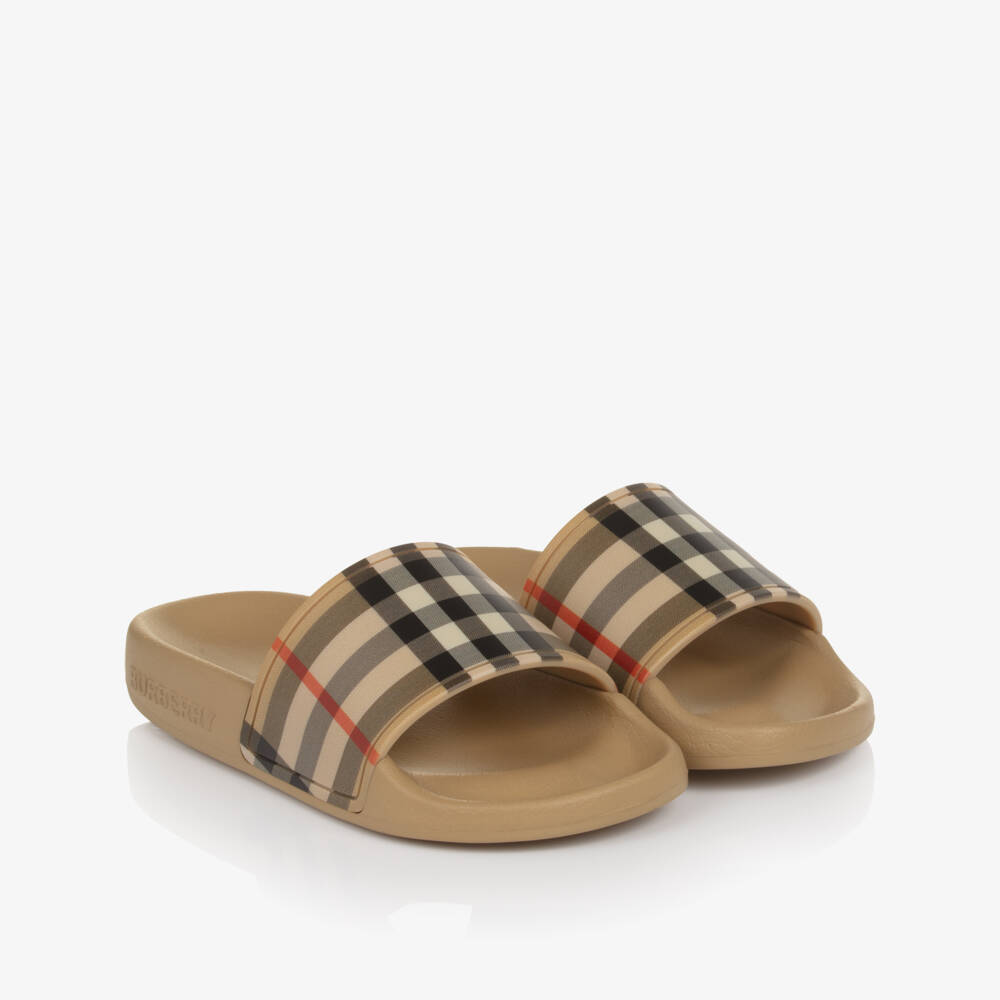 Burberry-Beige Burberry Check Sliders | Childrensalon