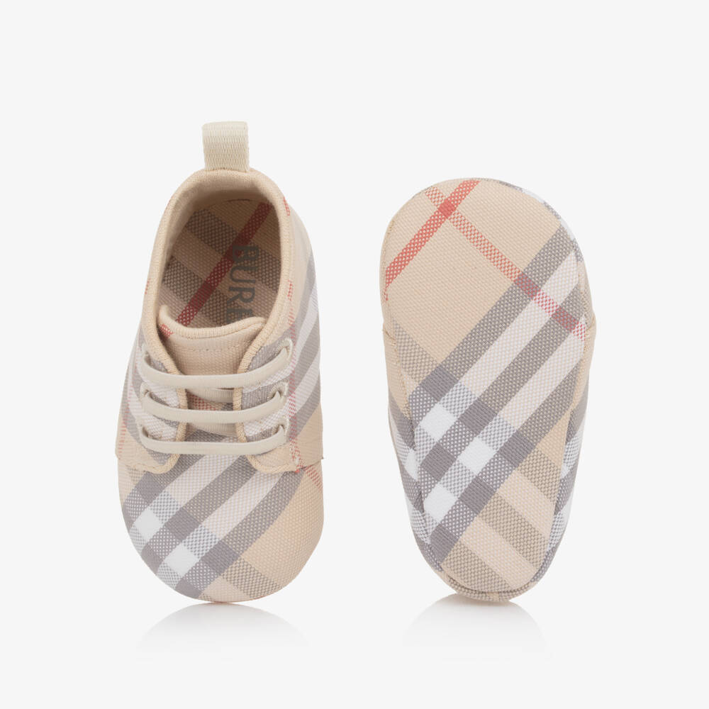 Burberry-Beige Check Baby Pre-Walker High Top Shoes | Childrensalon