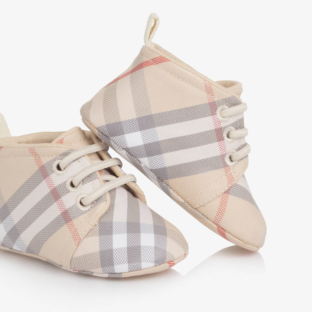 Burberry-Beige Check Baby Pre-Walker High Top Shoes | Childrensalon