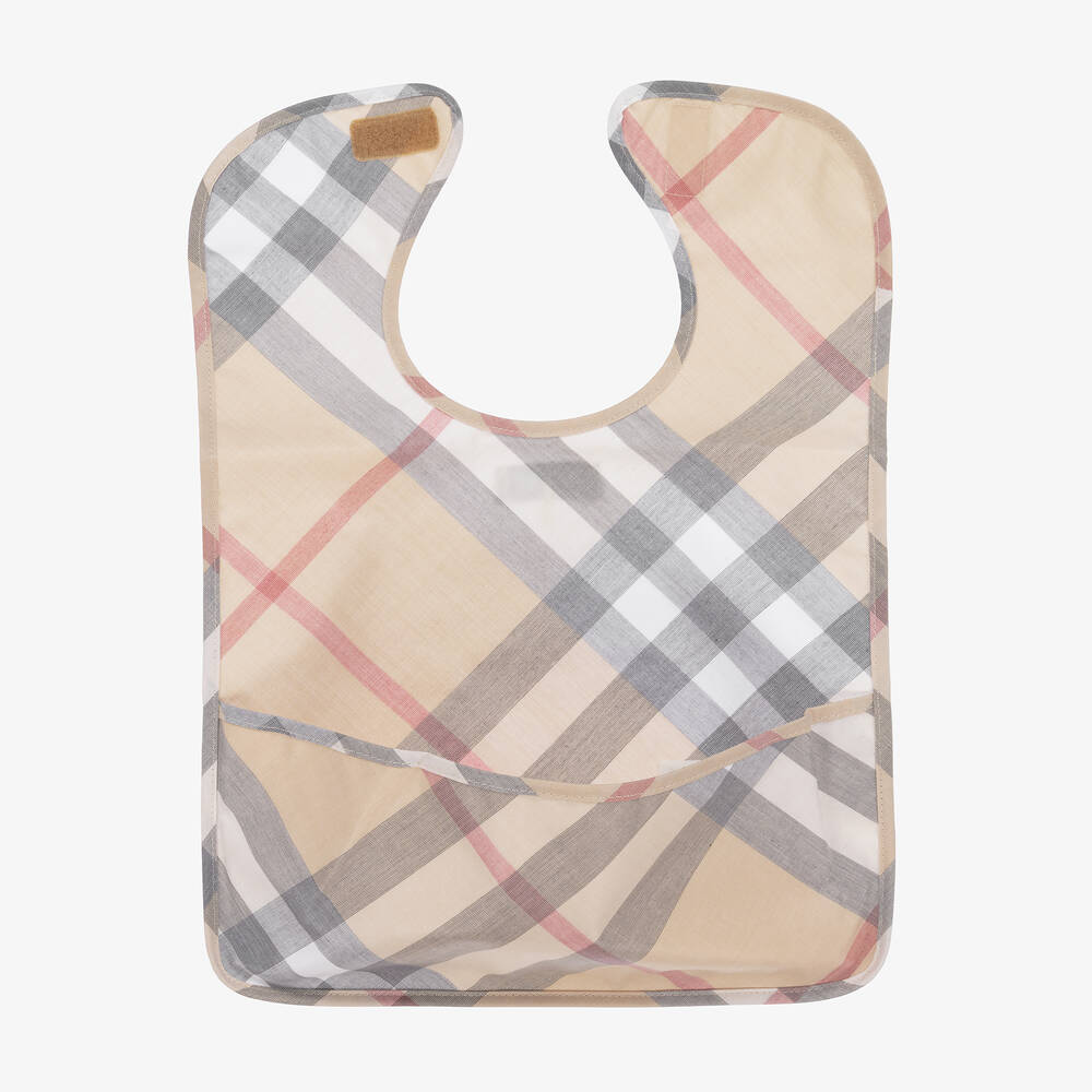 Burberry-Beige Check Coated Cotton Bib | Childrensalon