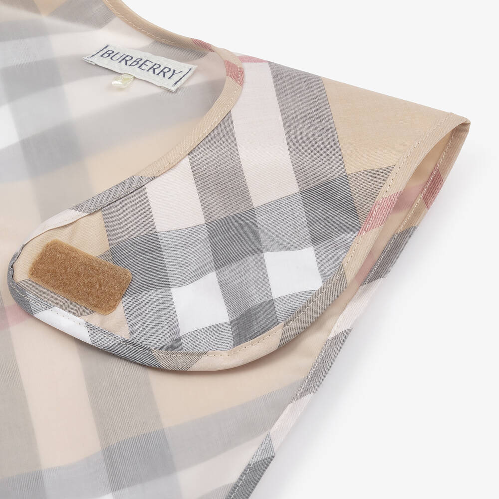 Burberry-Beige Check Coated Cotton Bib | Childrensalon