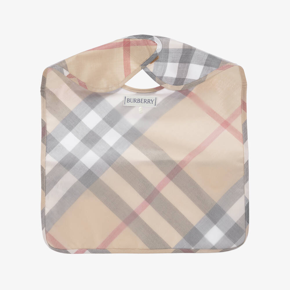 Burberry-Beige Check Coated Cotton Bib | Childrensalon