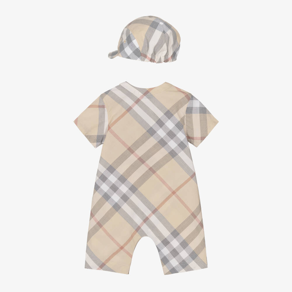 Burberry-Beige Check Cotton Babysuit Gift Set | Childrensalon