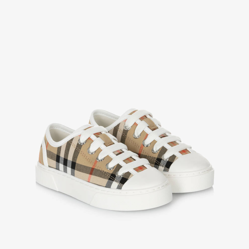 Burberry-Beige Check Cotton Canvas Trainers | Childrensalon