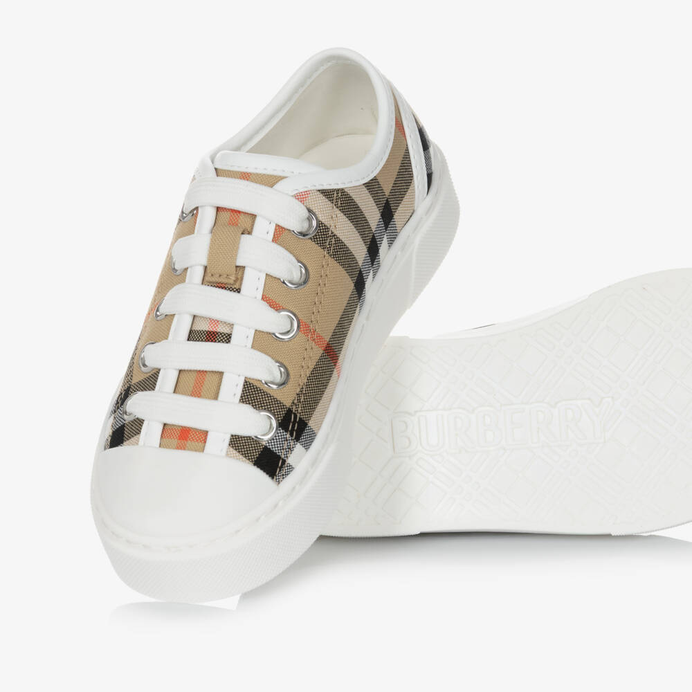 Burberry-Beige Check Cotton Canvas Trainers | Childrensalon