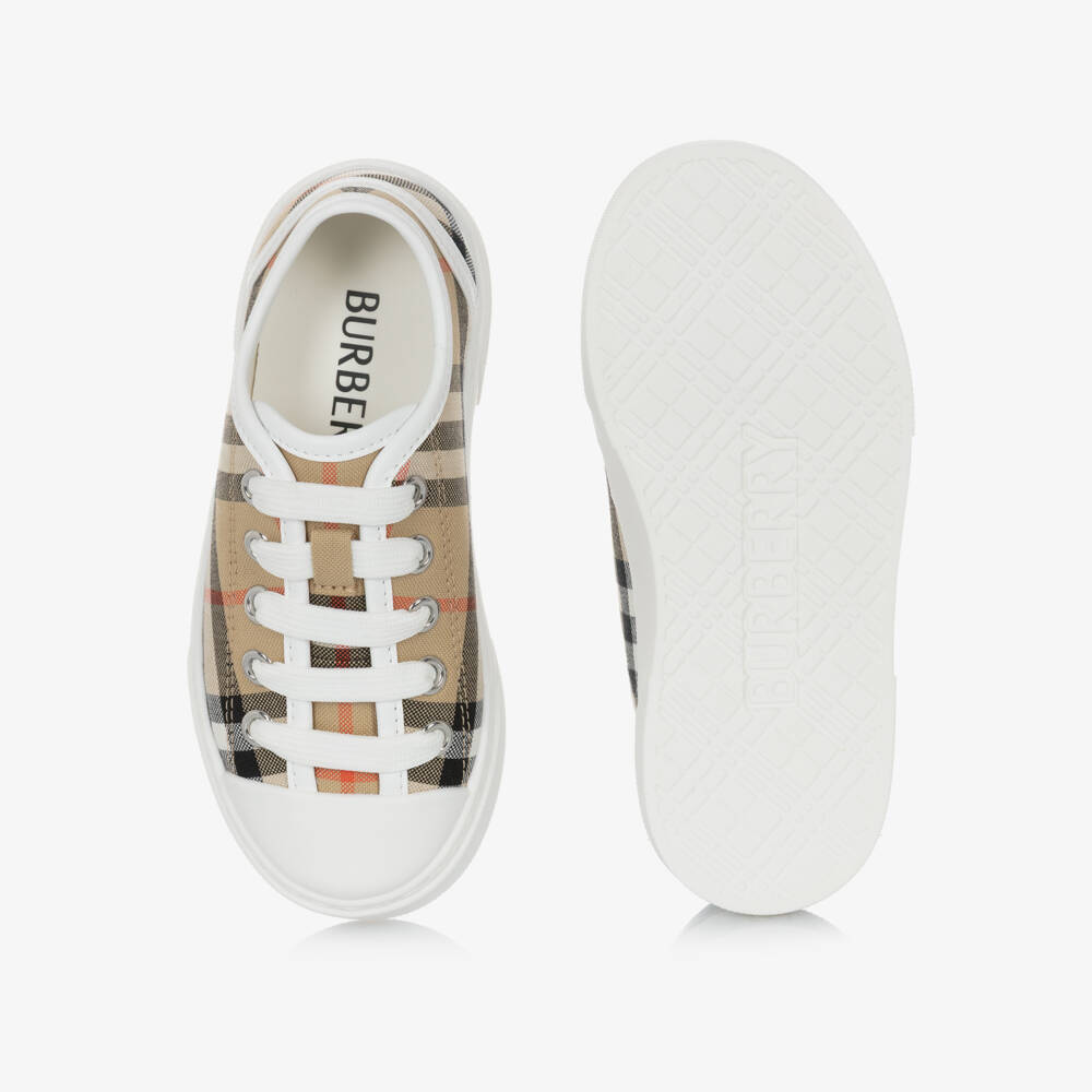Burberry-Beige Check Cotton Canvas Trainers | Childrensalon