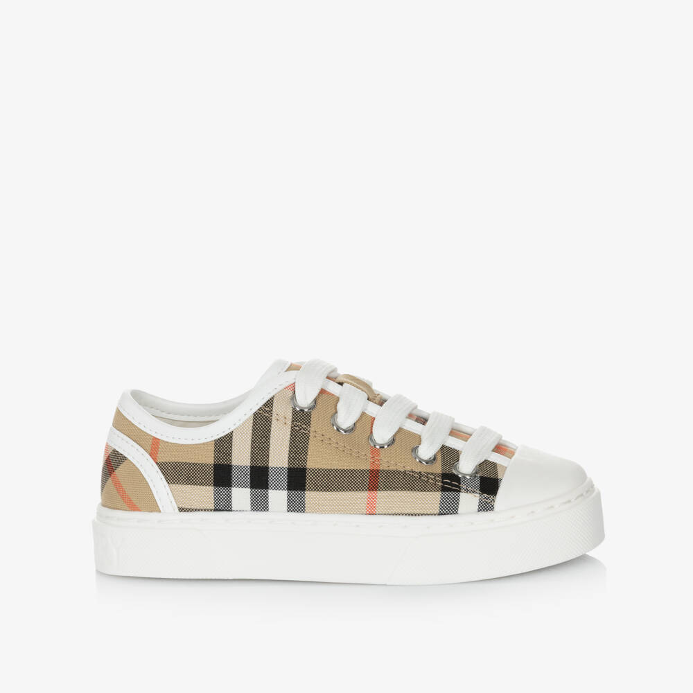 Burberry-Beige Check Cotton Canvas Trainers | Childrensalon