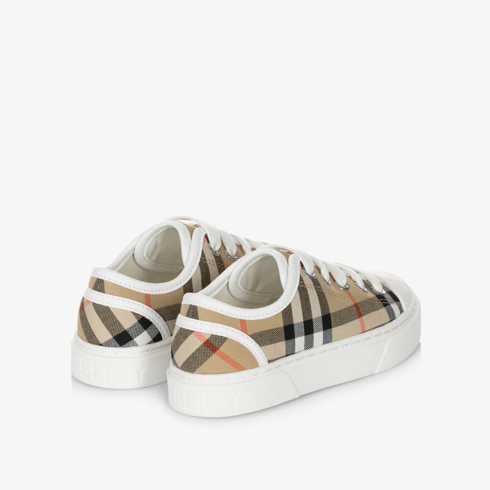 Burberry-Beige Check Cotton Canvas Trainers | Childrensalon