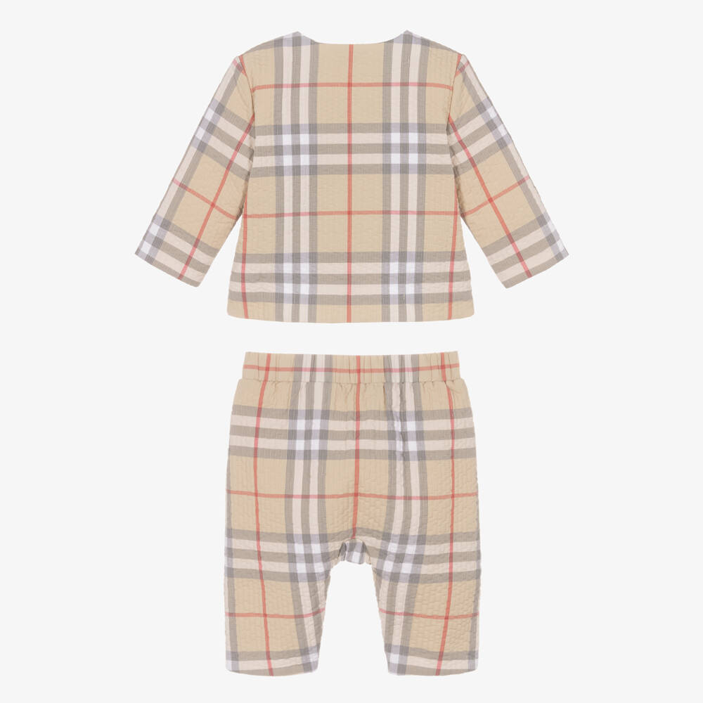 Burberry-Beige Check Cotton Quilted Trouser Set | Childrensalon