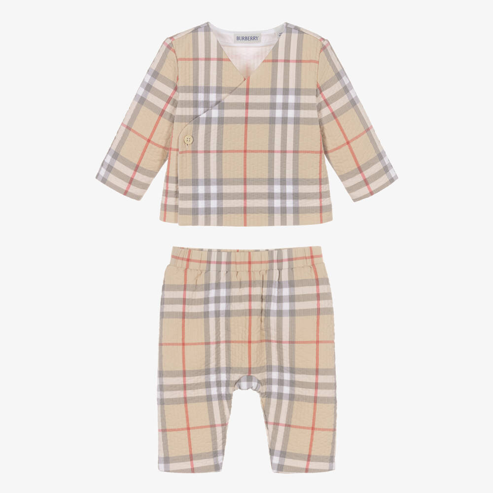 Burberry-Beige Check Cotton Quilted Trouser Set | Childrensalon
