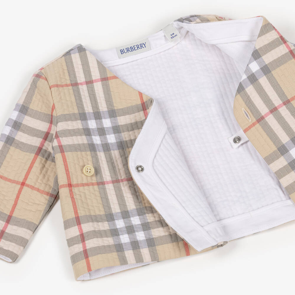 Burberry-Beige Check Cotton Quilted Trouser Set | Childrensalon