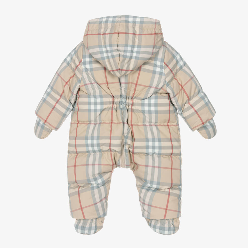 Burberry-Beige Check Down Padded Zip-Up Baby Snowsuit  | Childrensalon