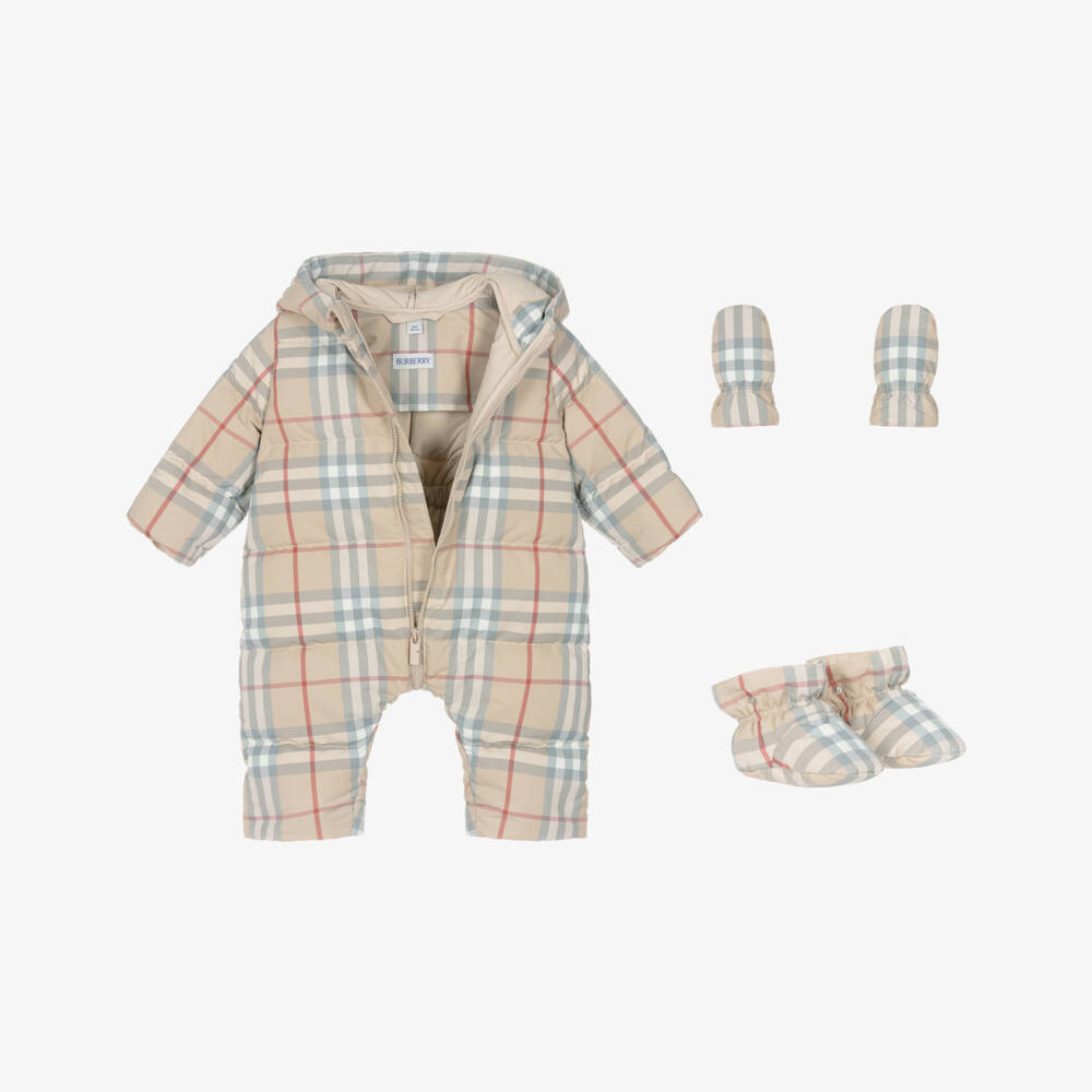 Burberry-Beige Check Down Padded Zip-Up Baby Snowsuit  | Childrensalon