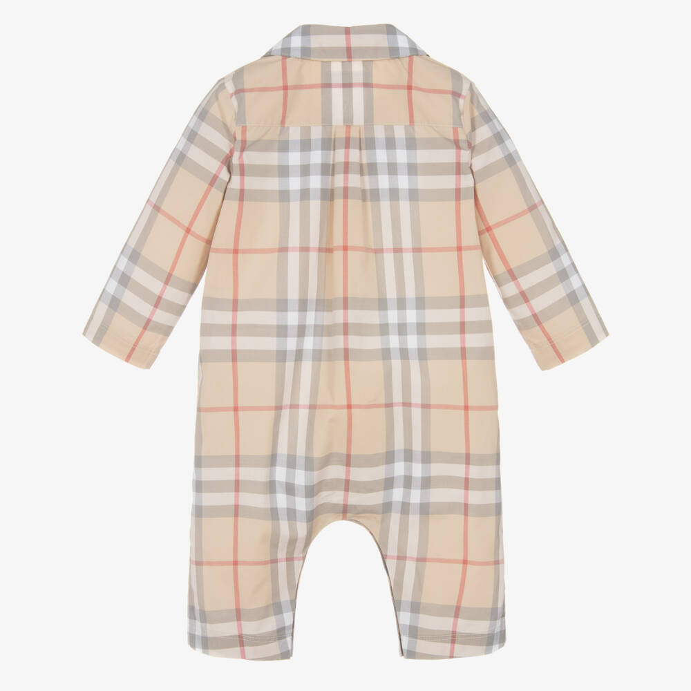 Burberry-Beige Check Long Sleeved Cotton Romper | Childrensalon