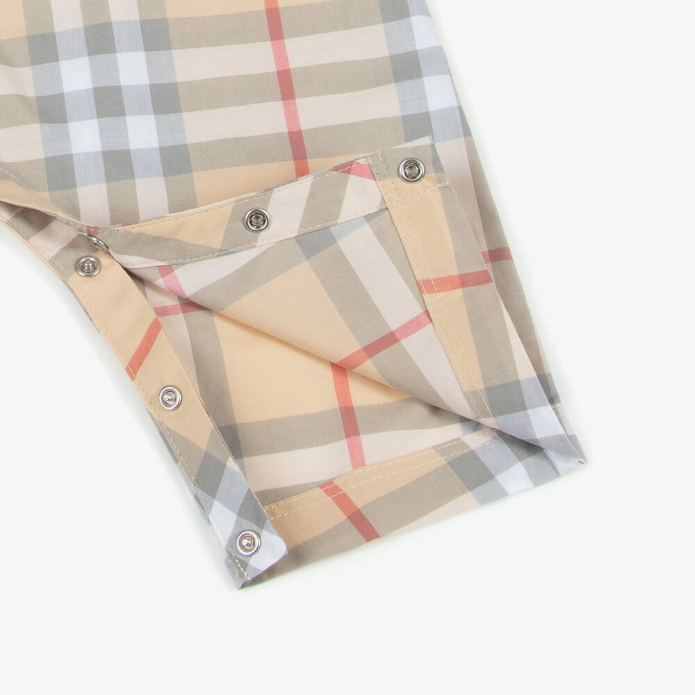 Burberry-Beige Check Long Sleeved Cotton Romper | Childrensalon