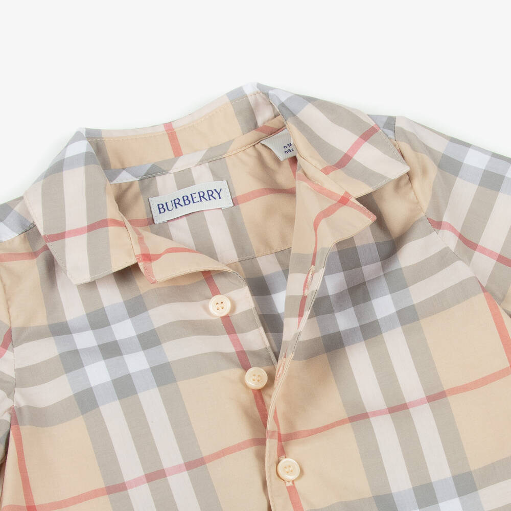 Burberry-Beige Check Long Sleeved Cotton Romper | Childrensalon