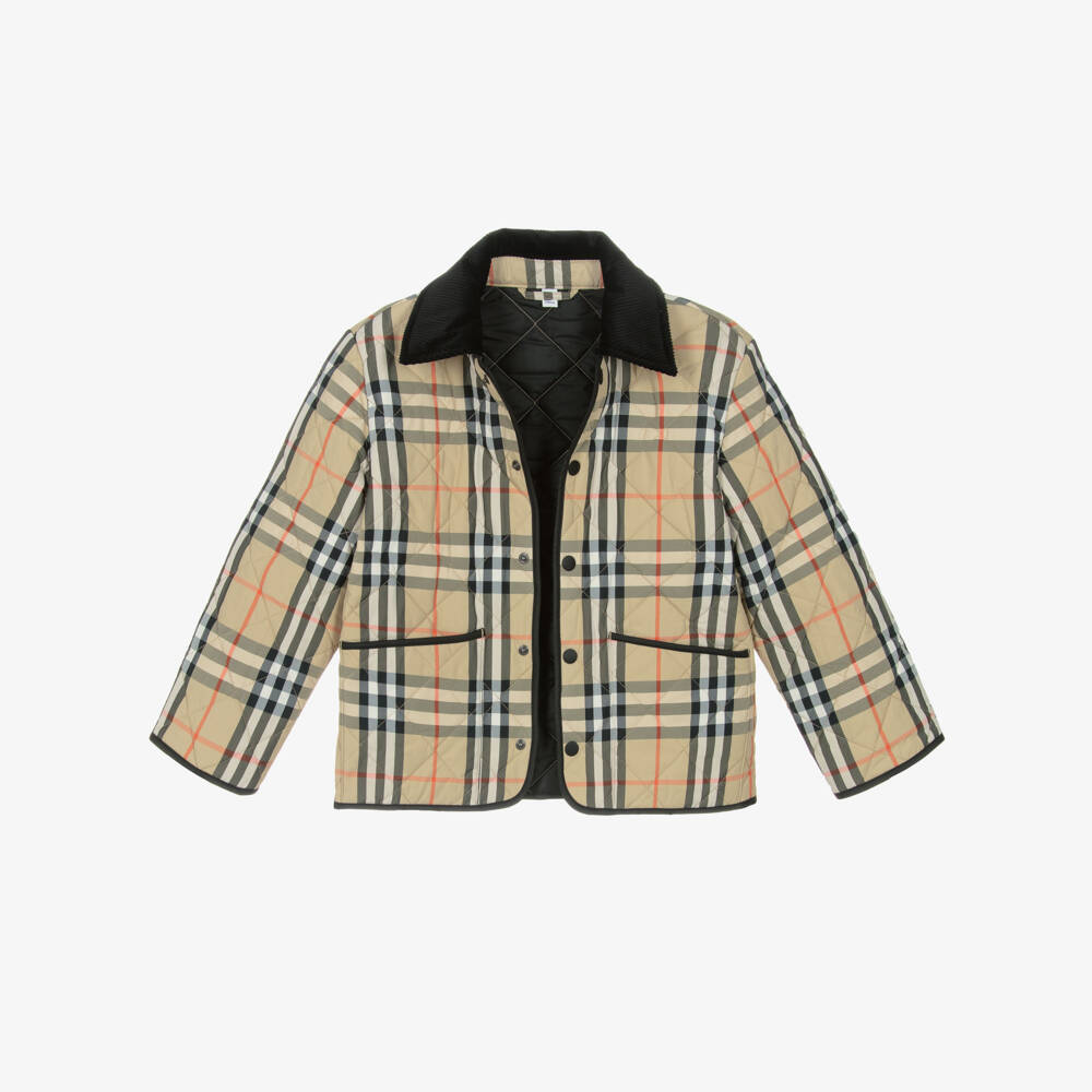 Burberry-Beige Check Quilted Jacket with Corduroy Collar | Childrensalon