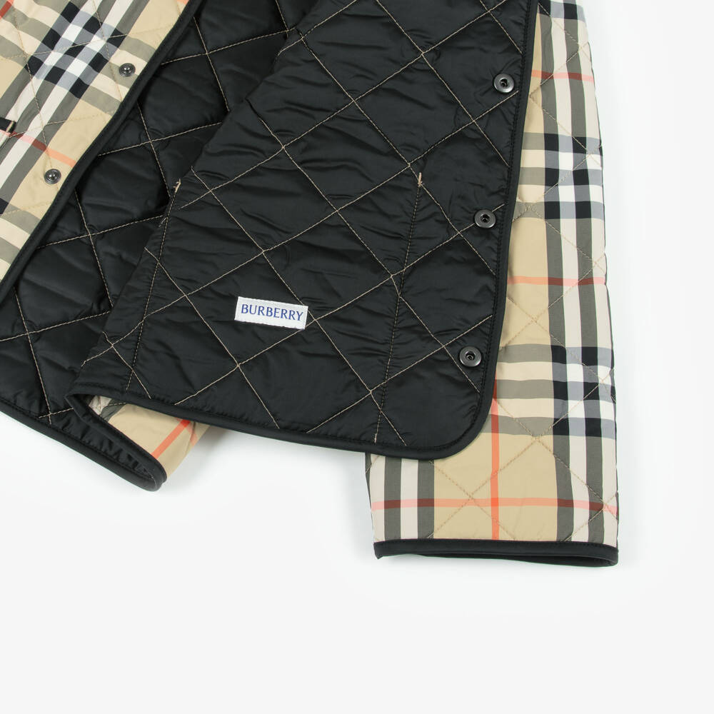 Burberry-Beige Check Quilted Jacket with Corduroy Collar | Childrensalon