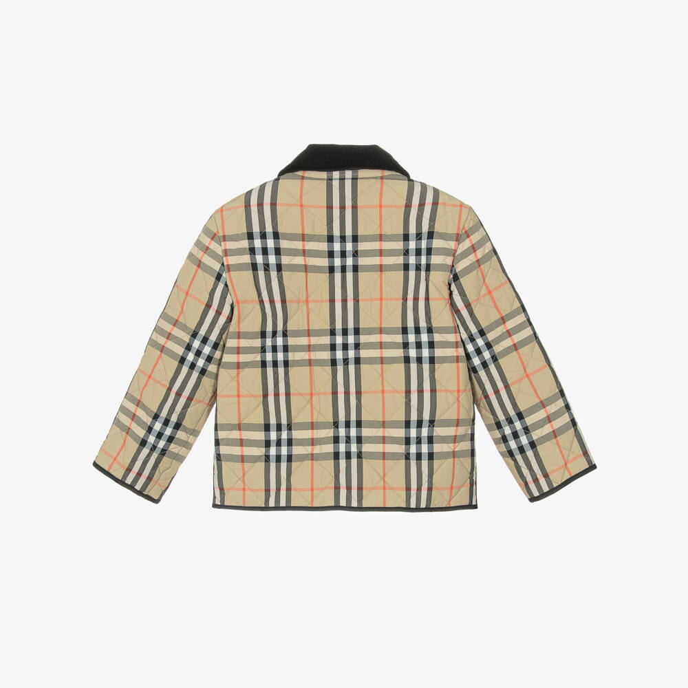 Burberry-Beige Check Quilted Jacket with Corduroy Collar | Childrensalon