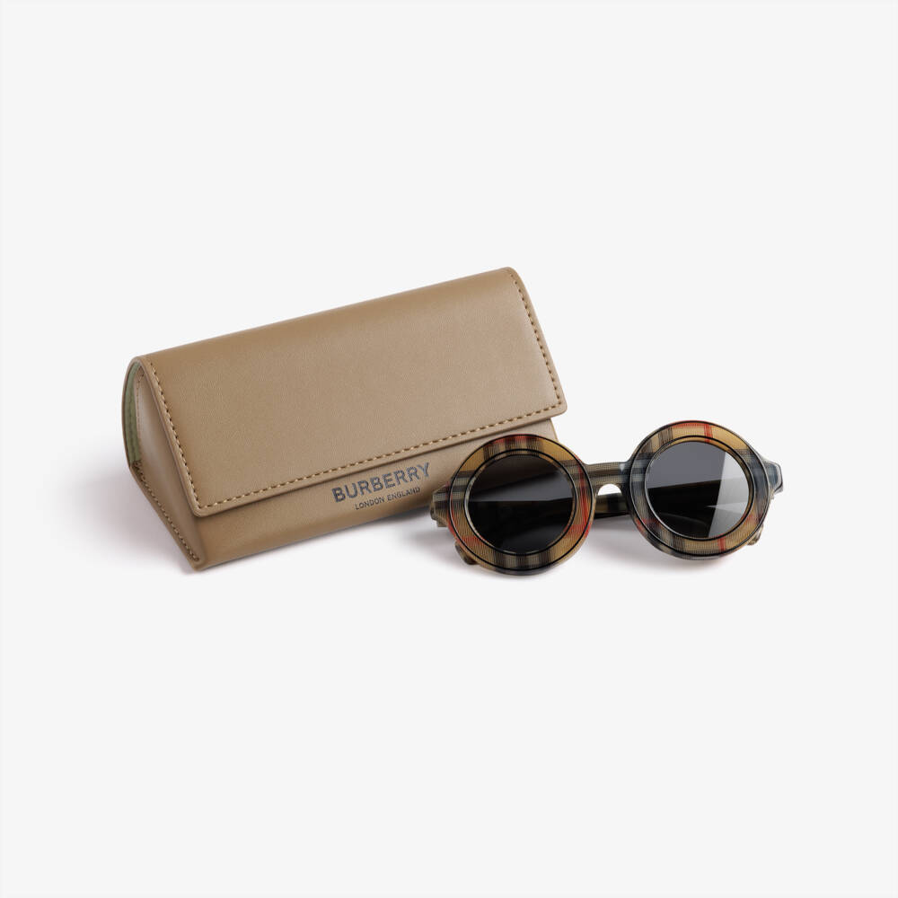 Burberry-Beige Check Round Sunglasses | Childrensalon