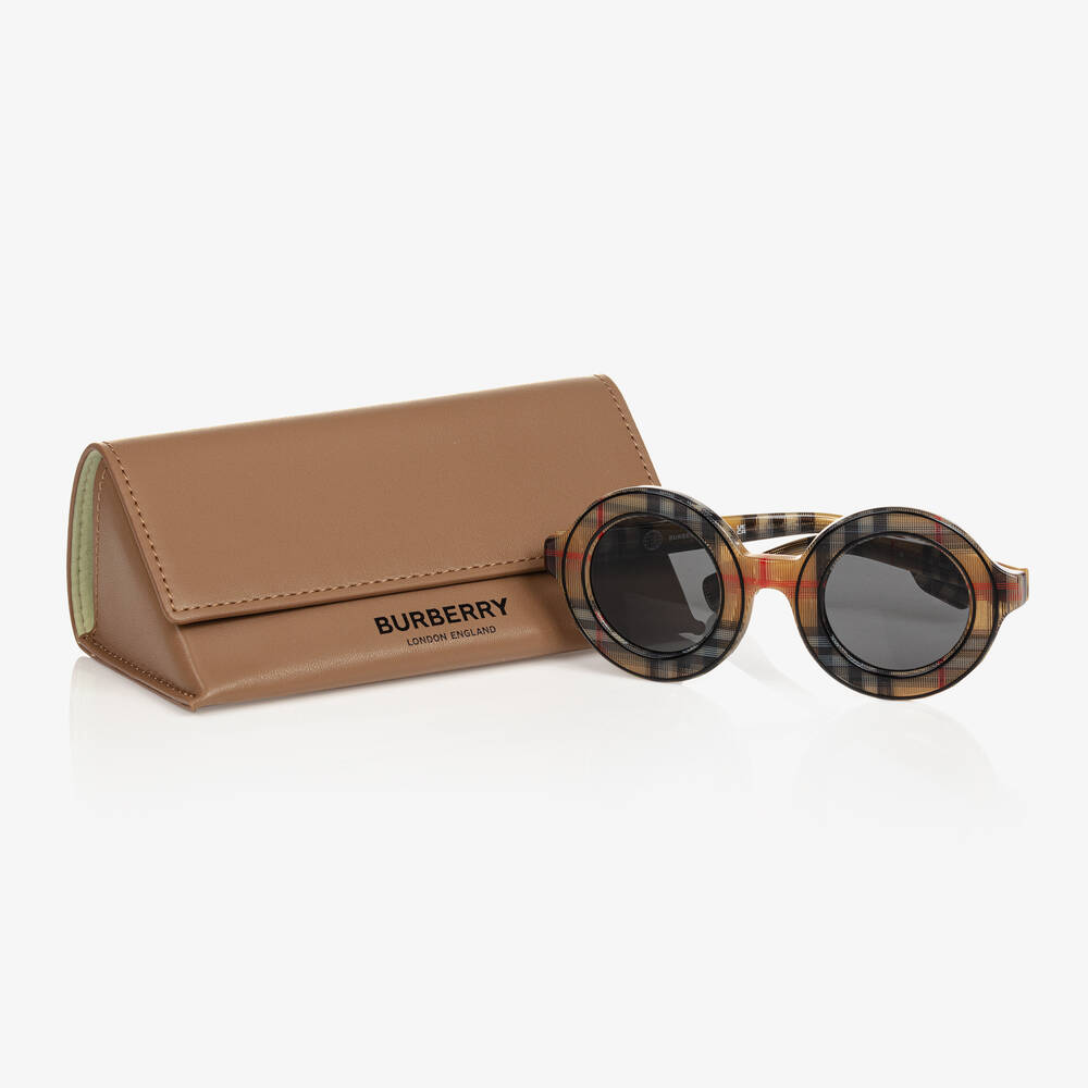 Burberry-Beige Check Round Sunglasses | Childrensalon