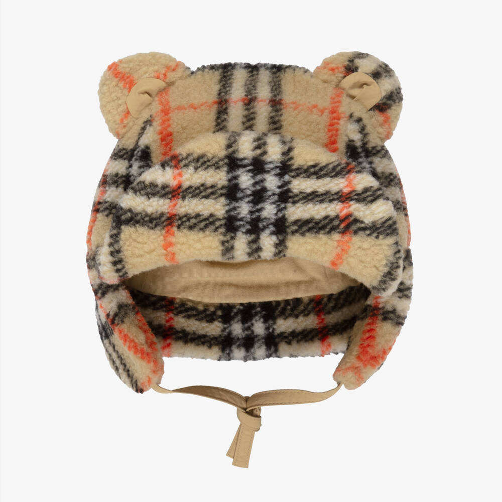 Burberry-Beige Check Teddy Fleece Hat | Childrensalon