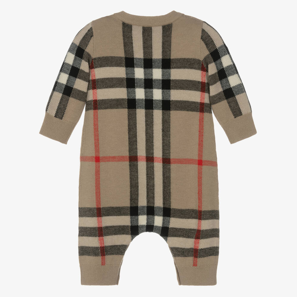 Burberry-Beige Check Wool & Cashmere Baby Romper | Childrensalon