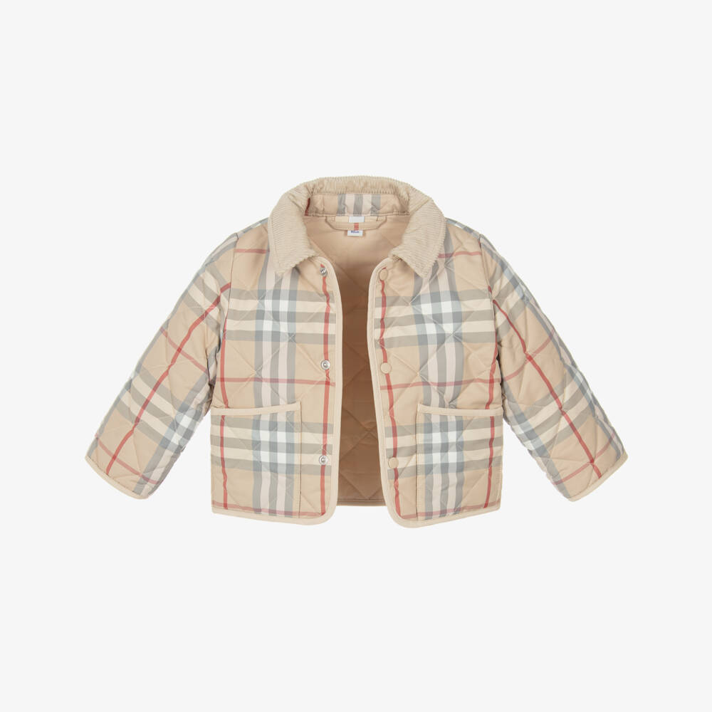Burberry-Beige Checked Short Baby Jacket | Childrensalon