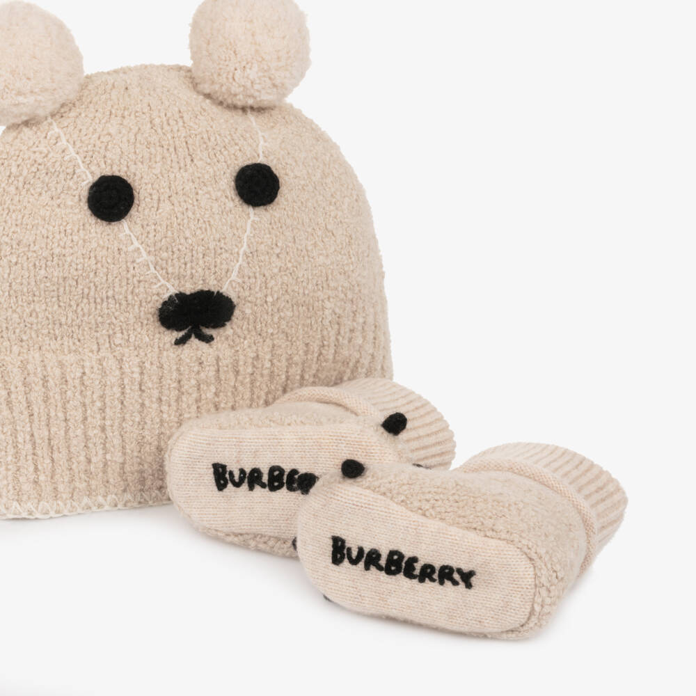 Burberry-Beige Cotton & Cashmere Knitted Teddy Hat & Booties Gift Set | Childrensalon