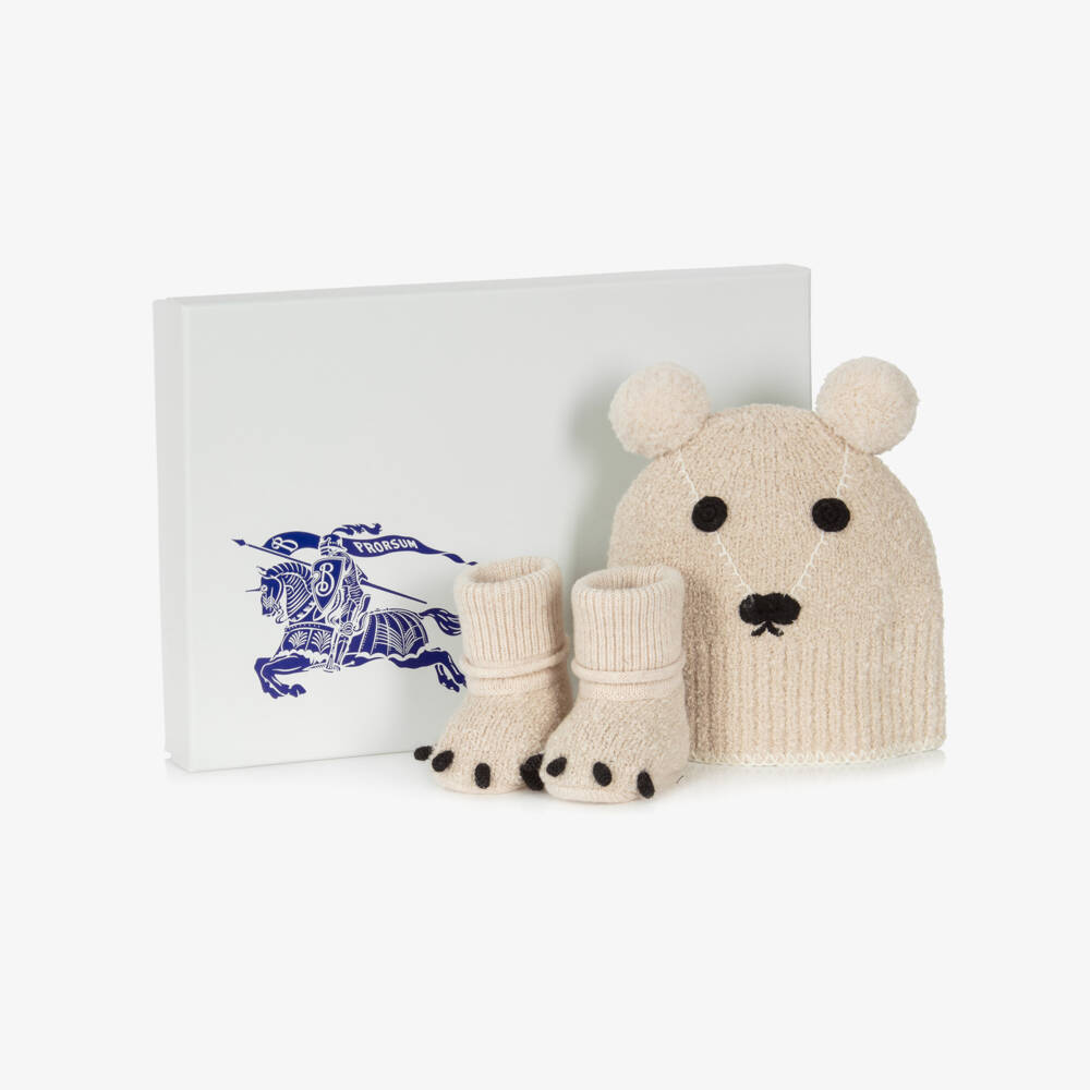 Burberry-Beige Cotton & Cashmere Knitted Teddy Hat & Booties Gift Set | Childrensalon