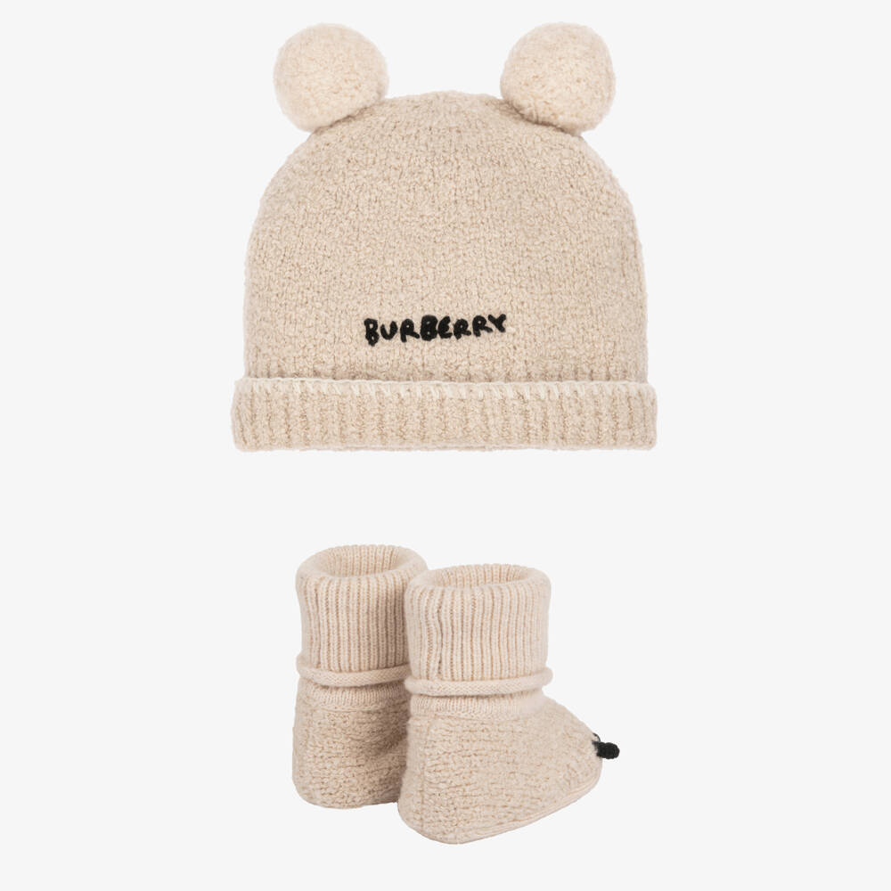 Burberry-Beige Cotton & Cashmere Knitted Teddy Hat & Booties Gift Set | Childrensalon