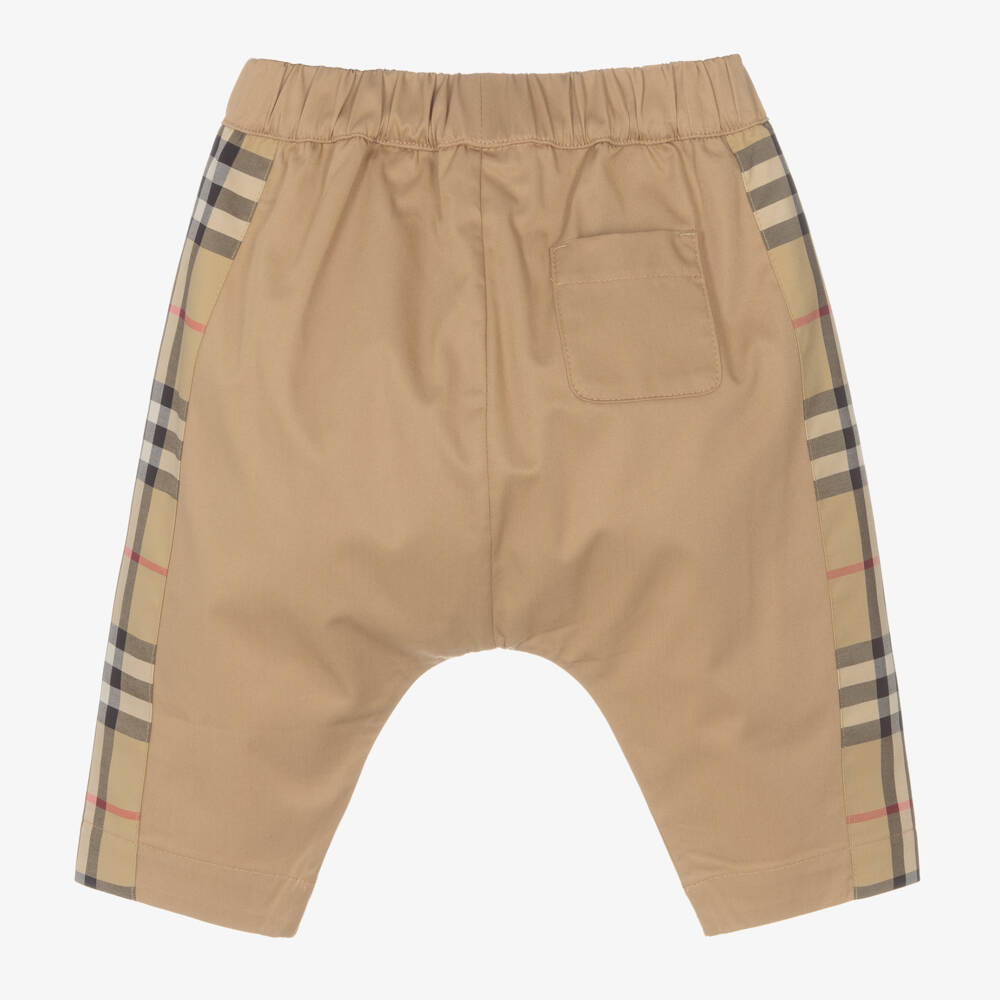 Burberry-Beige Cotton Checked Baby Trousers | Childrensalon