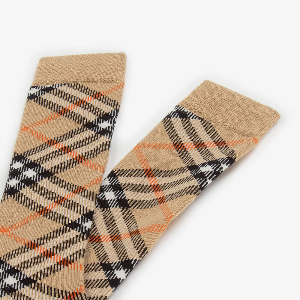 Burberry-Beige Cotton Checked Knee Socks | Childrensalon