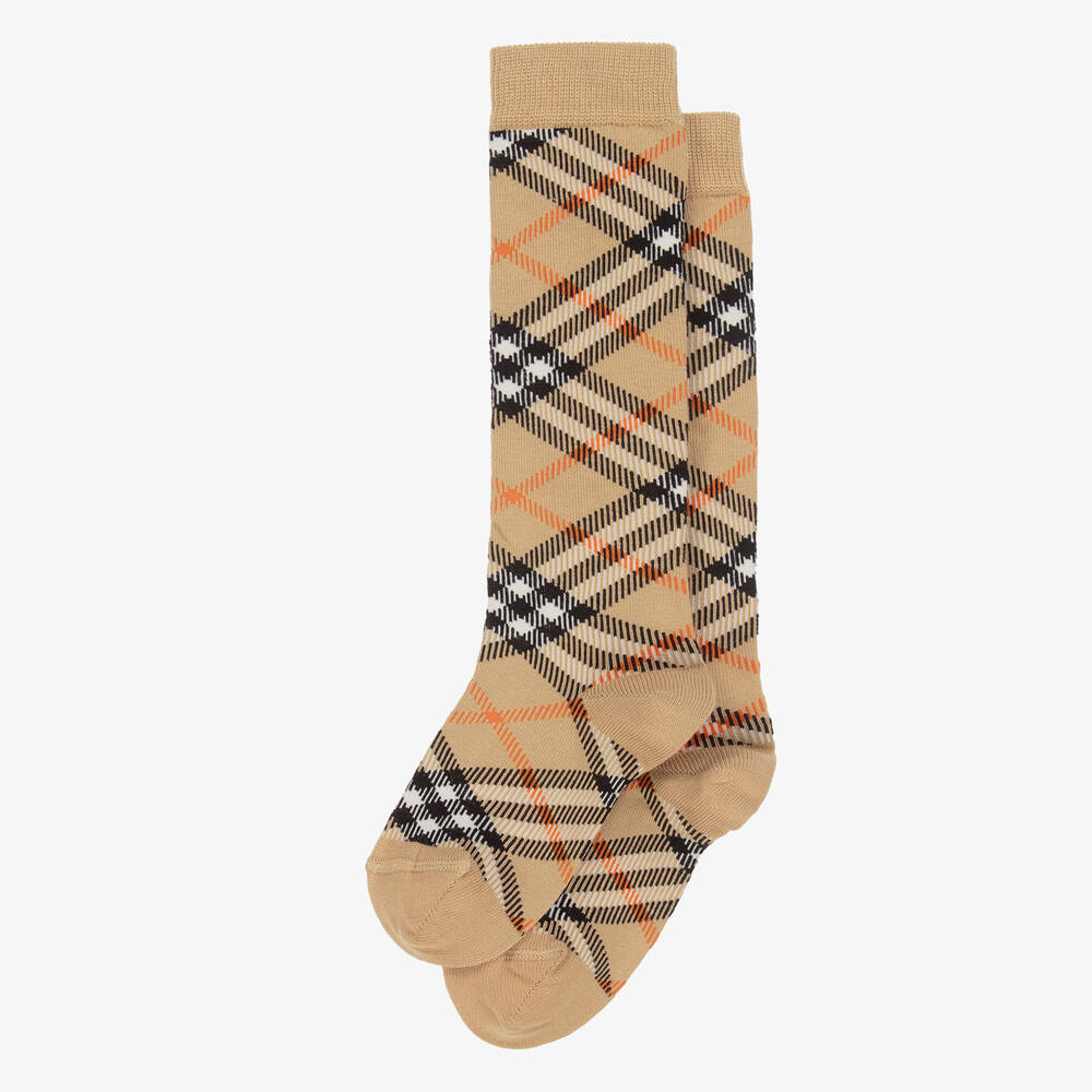 Burberry-Beige Cotton Checked Knee Socks | Childrensalon