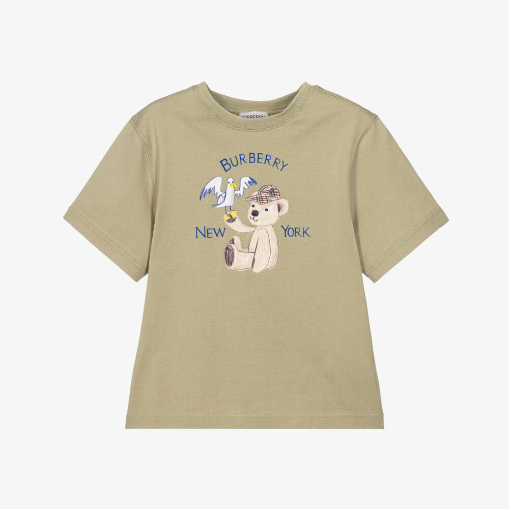 Burberry-Beige Cotton New York Bear T-Shirt | Childrensalon
