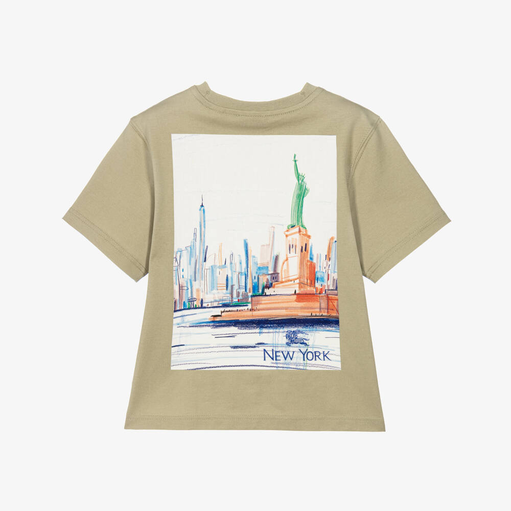Burberry-Beige Cotton New York Bear T-Shirt | Childrensalon