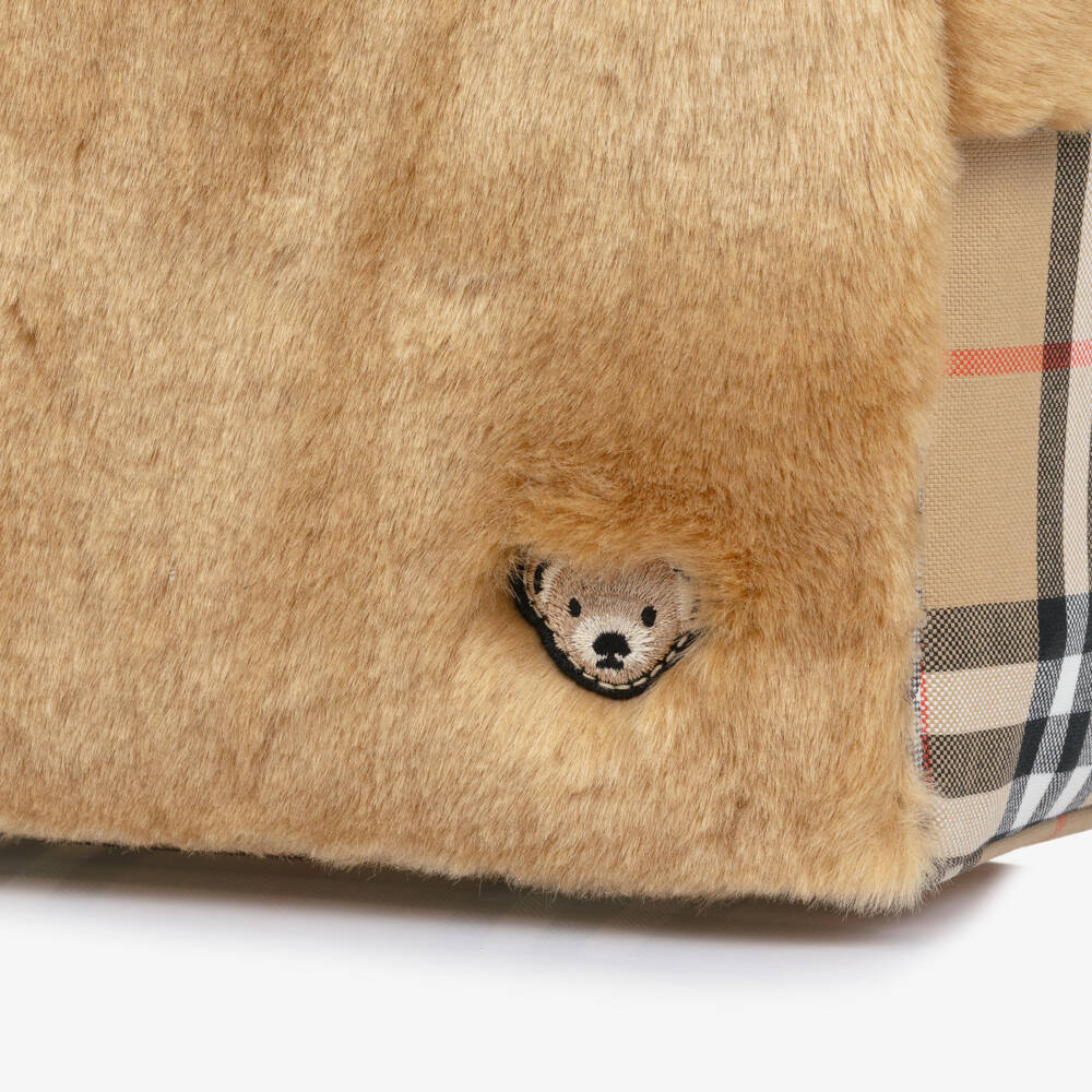 Burberry-Beige Faux Fur Thomas Backpack with Check Trim (29cm) | Childrensalon