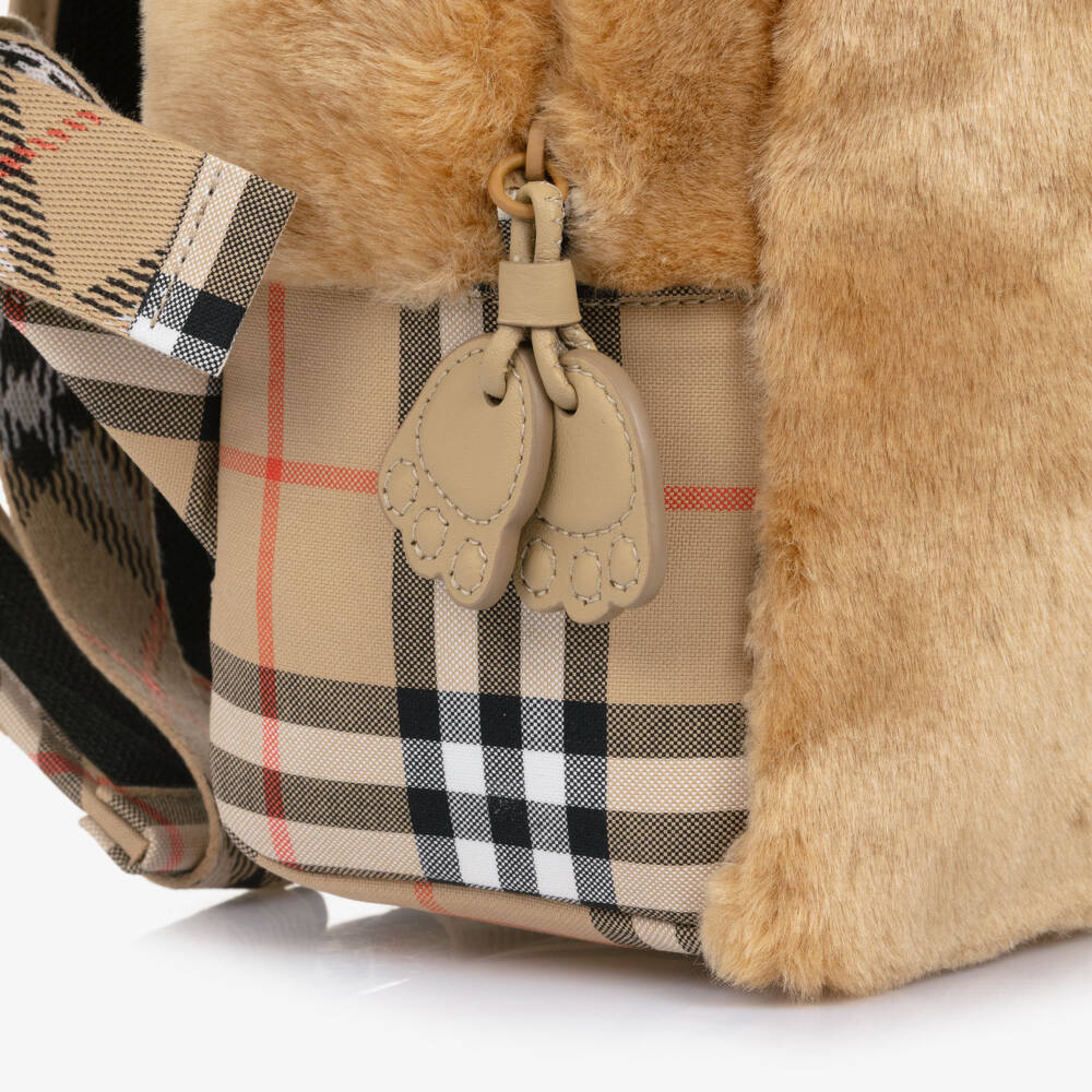 Burberry-Beige Faux Fur Thomas Backpack with Check Trim (29cm) | Childrensalon