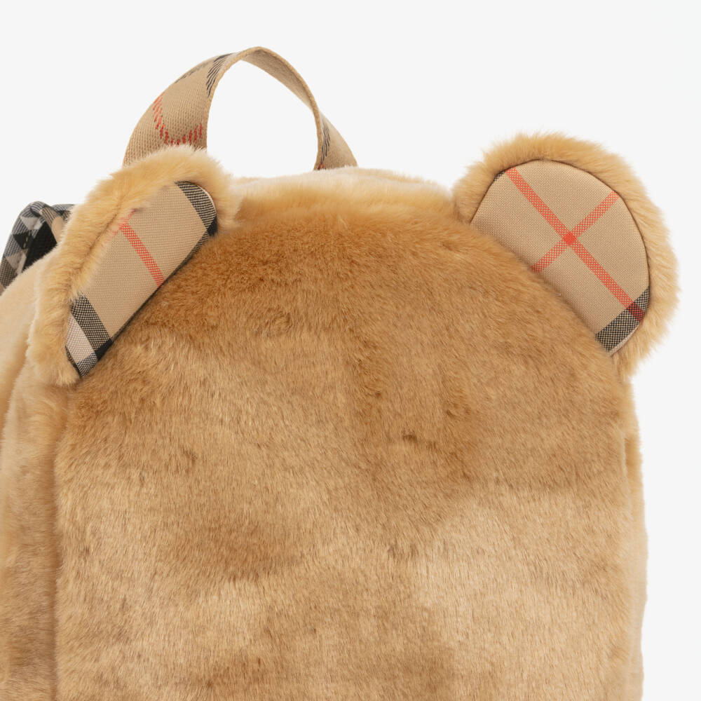 Burberry-Beige Faux Fur Thomas Backpack with Check Trim (29cm) | Childrensalon