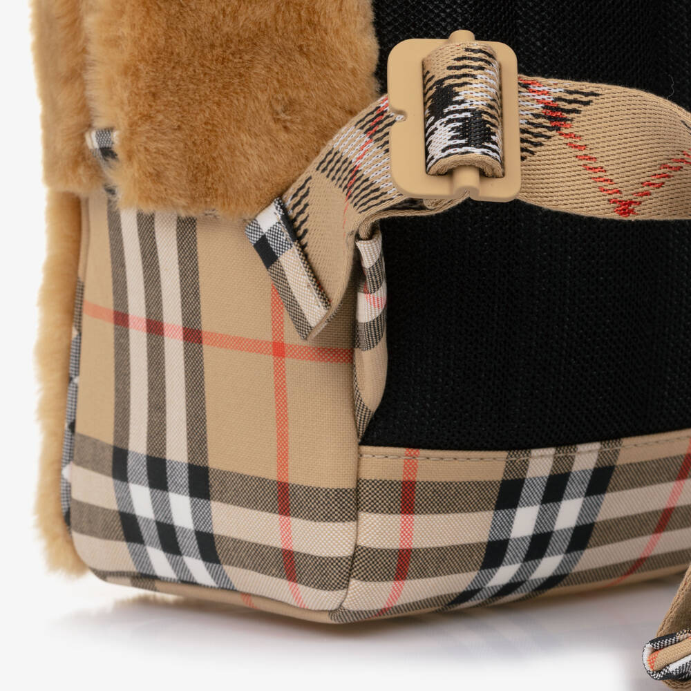 Burberry-Beige Faux Fur Thomas Backpack with Check Trim (29cm) | Childrensalon
