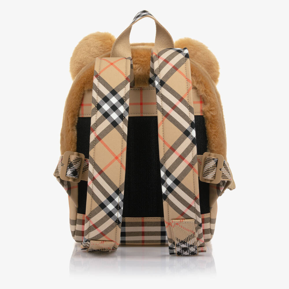 Burberry-Beige Faux Fur Thomas Backpack with Check Trim (29cm) | Childrensalon